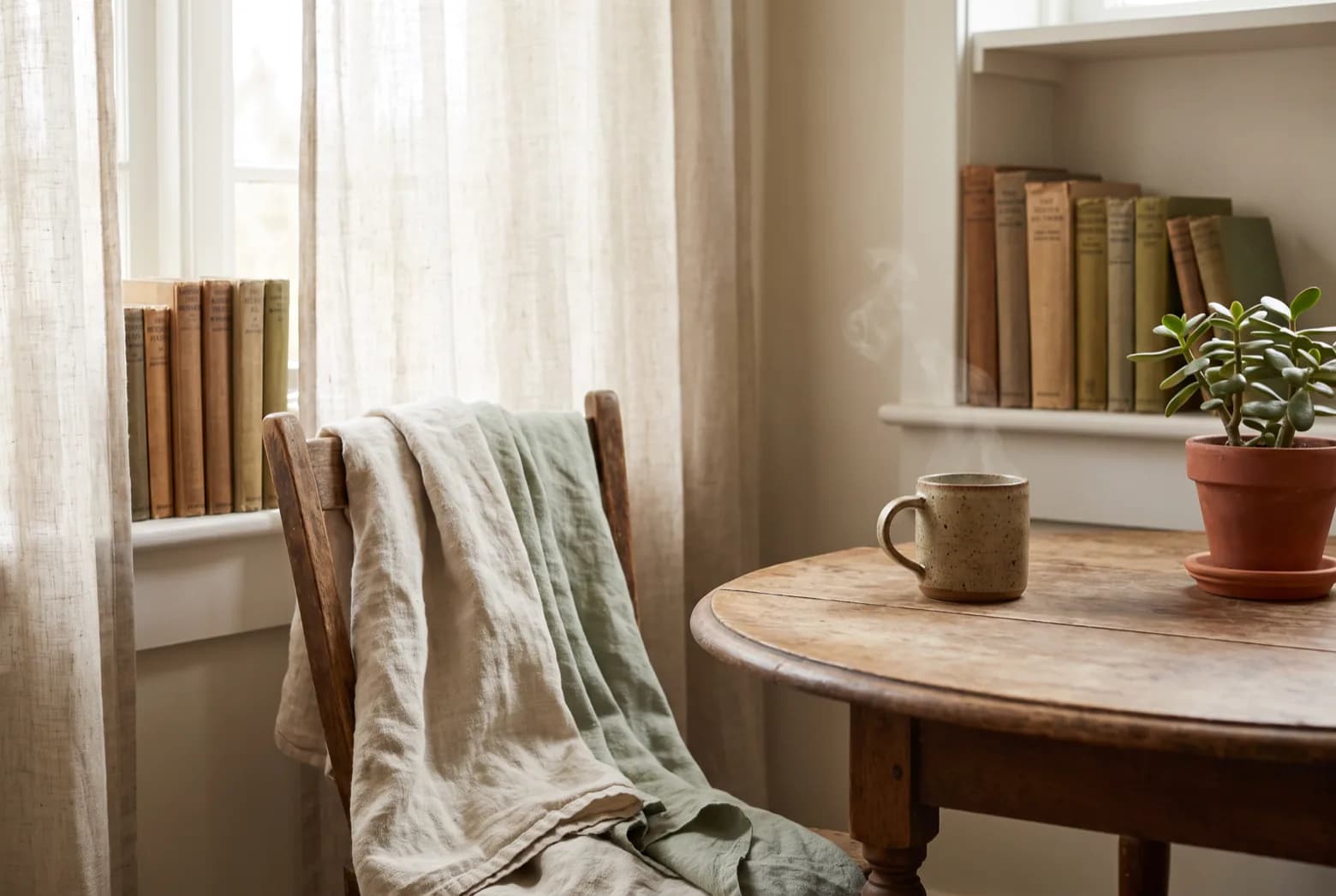 A sunlit table with a mug and plant beside a reading chair.